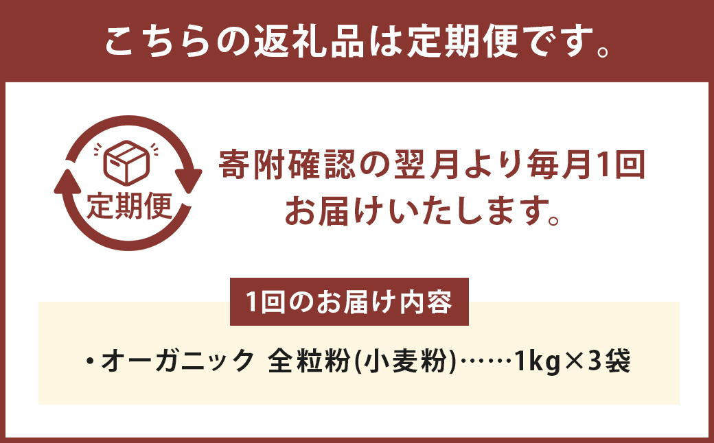 お徳用【12カ月定期】 オーガニック  全粒粉(小麦粉) （1kg×3袋）×12回 合計36kg 熊本県産 菊池産 保存便利 チャック付袋 スタンド【パン専用】