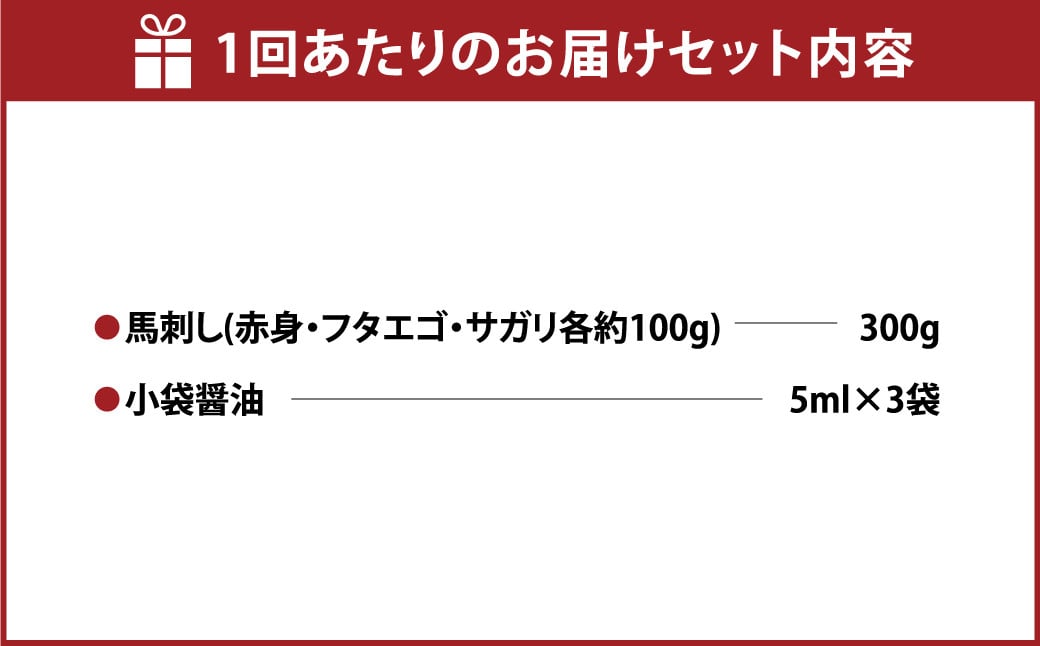 【定期便 2回】3種の馬刺し 約 300g【赤身・フタエゴ・サガリ】 計約 600g 熊本 馬刺し 馬肉 馬 3種類 セット 冷凍 ふたえご さがり 食べ比べ