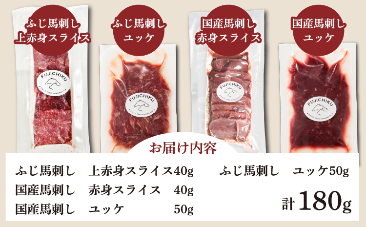 「熊本特産」切れてる馬刺し4種セット馬肉 馬刺し 赤身  スライス ユッケ 桜肉 切れてる カット済み 簡単 時短 食べ比べ セット 専門店 産地直送 本場 お取り寄せ ご褒美 贅沢 おつまみ 小分け 贈答 ギフト プレゼント 熊本県 宇城市 送料無料 フジチク