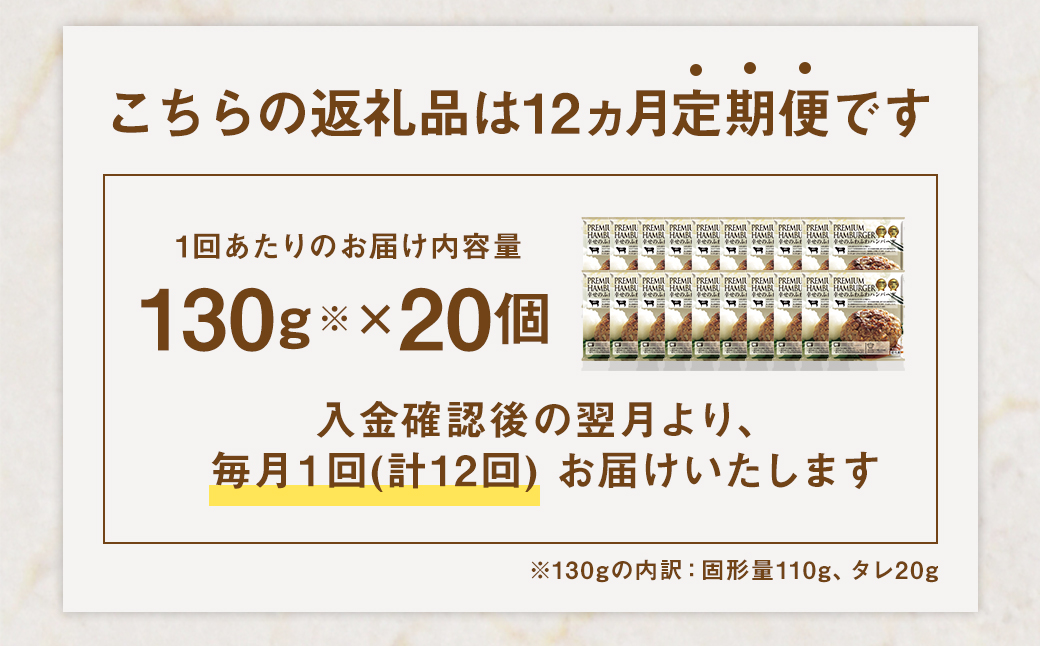 【12ヶ月定期便】【宇城市オリジナル】幸せのふわふわハンバーグ 130g×20個