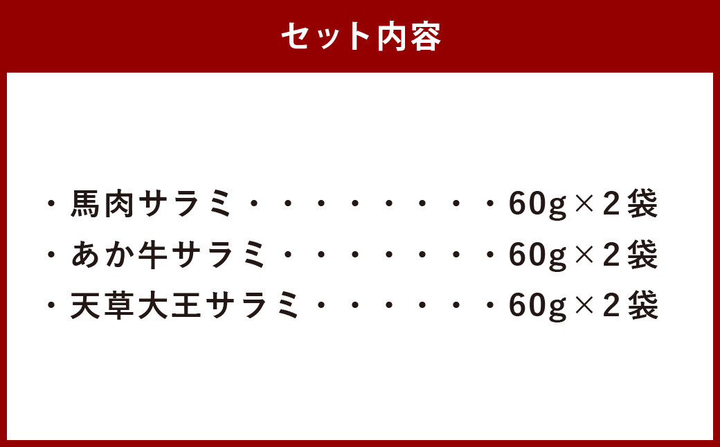 【熊本特産品セット】くまもとの「サラミ」3点セット（馬肉、あか牛、天草大王）※合計6パック 計360g 60g×6袋 馬肉 あか牛 天草大王 牛肉 鶏肉 おつまみ つまみ 小分け