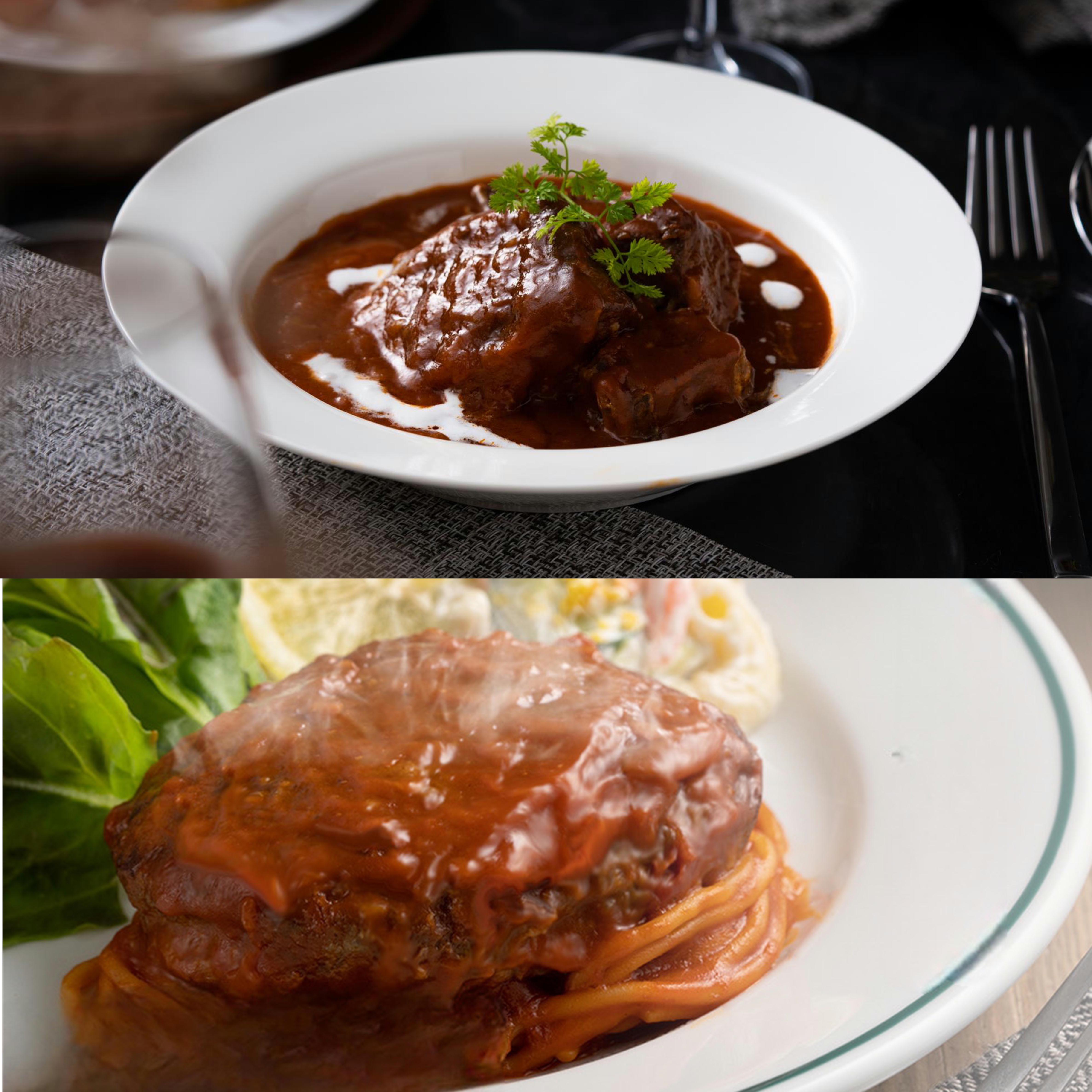 プレミアムビーフシチューと煮込みデミグラスハンバーグのセット