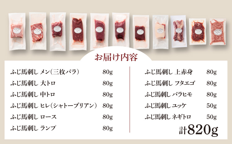 ふじ馬刺し堪能セット 肉 刺身 馬 三枚バラ メン 大トロ 中トロ ヒレ シャトーブリアン ロース ランプ 上赤身 赤身 フタエゴ バラヒモ ユッケ ネギトロ フジチクオリジナル 霜降り 熊本 熊本県 産地直送 自社牧場 専門店 フジチク