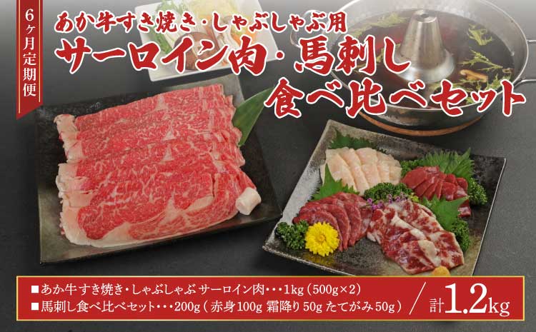 【6ヶ月定期便】あか牛すきやき・しゃぶしゃぶ用サーロイン肉1kg(500g×2)、馬刺し200g(赤身100g、霜降り50g、たてがみ50g)セット