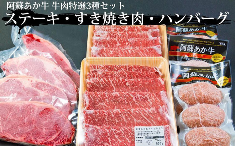 阿蘇あか牛 牛肉精選３種セット Ver.4  （ ステーキ すき焼き用 あか牛ハンバーグ ） ブランド牛 牛肉 和牛 あか牛 国産 人気 ロース モモ セット バラエティ 食べ比べ 熊本 阿蘇 ヘルシー 希少 希少部位