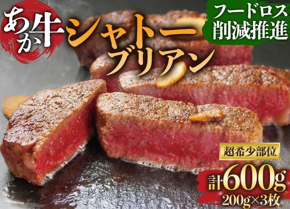  【フードロス削減】あか牛 シャトーブリアン ステーキ肉 200g×3枚 訳あり 希少部位 赤牛　国産和牛　600g　和牛 肉 国産 牛肉 希少 高級 シャトーブリアン ステーキ ブランド牛 人気 美味しい 熊本県 阿蘇市