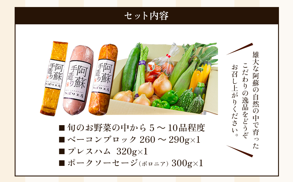 季節のお野菜とひばり工房 3大人気セットver.2 詰め合わせ 食べ比べ 野菜 ベーコン ハム ソーセージ ドイツ コンテスト suffa 金賞 手作り 豚肉 新鮮 減農薬 旬 産地直送 採れたて 美味しい 人気 父の日　熊本 阿蘇