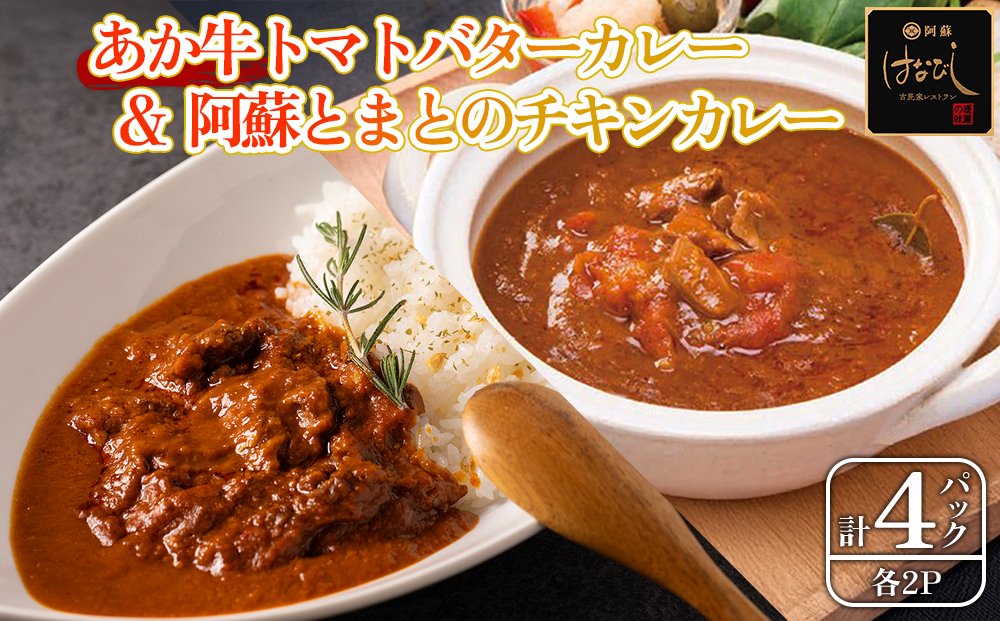あか牛トマトバターカレー＆阿蘇とまとのチキンカレー 各2個 計4個 阿蘇はなびし食品研究所  詰め合わせ セット お取り寄せ 惣菜 おかず ギフト 贈答品 御礼 お祝い 御祝 温めるだけ 熊本県 阿蘇市