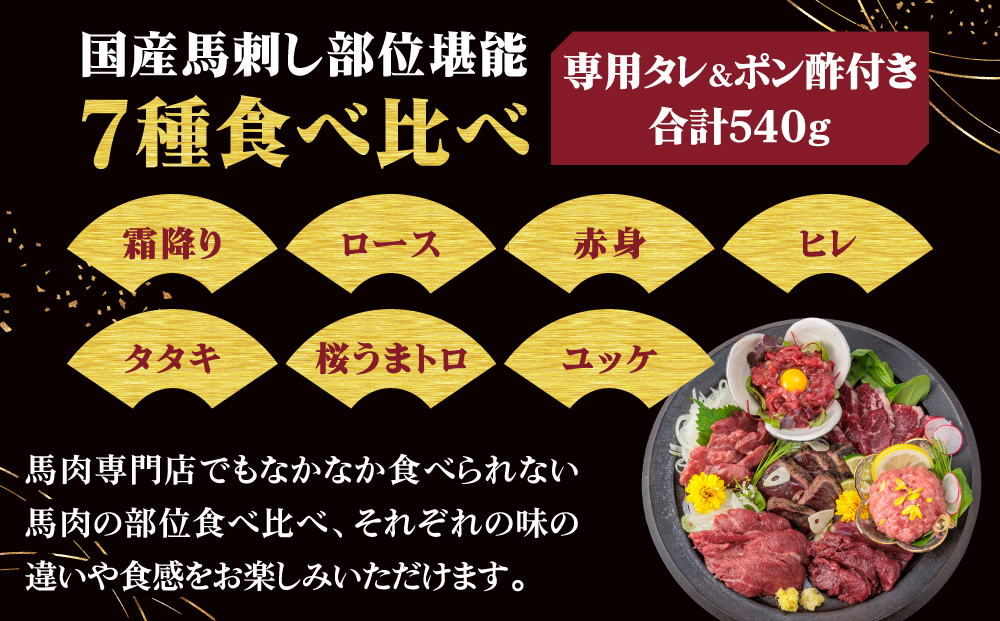 【ふるさと納税】国産 部位堪能 7種馬刺し食べ比べブロック 計540g 霜降りロース 赤身 ヒレ タタキ 桜うまトロ ユッケ 専用タレ ポン酢付き 小分け 真空パック 直送 千興ファーム 熊本 阿蘇市