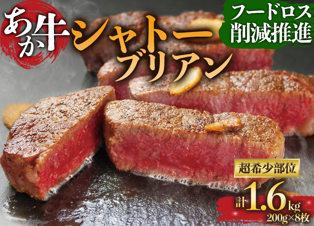  【フードロス削減】あか牛 シャトーブリアン ステーキ肉 200g×8枚 訳あり 希少部位 赤牛　国産和牛　1.6kg　和牛 肉 国産 牛肉 希少 高級 シャトーブリアン ステーキ ブランド牛 人気 美味しい 熊本県 阿蘇市