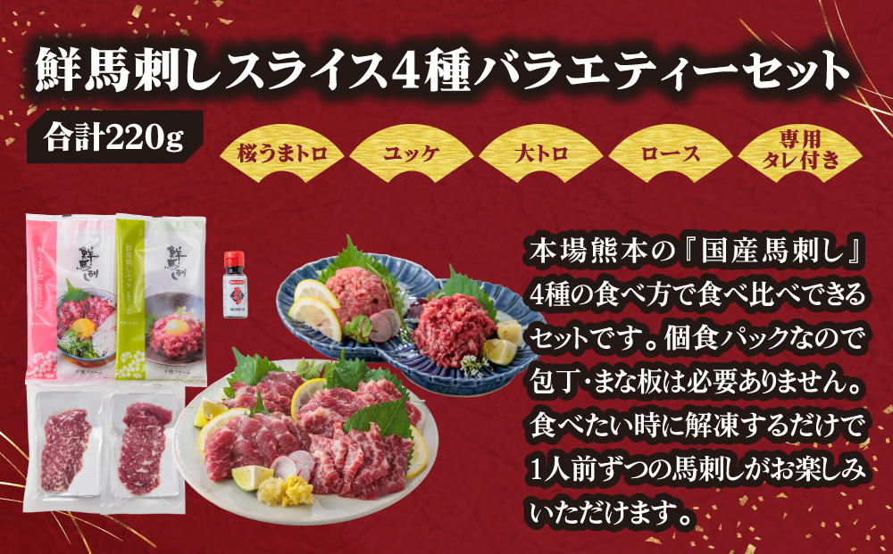 【ふるさと納税】4種食べ比べ 国産 鮮馬刺し バラエティーセット 計220g 桜うまトロ ユッケ 大トロ ロース  専用タレ付き 小分け 真空パック 千興ファーム 熊本 阿蘇市