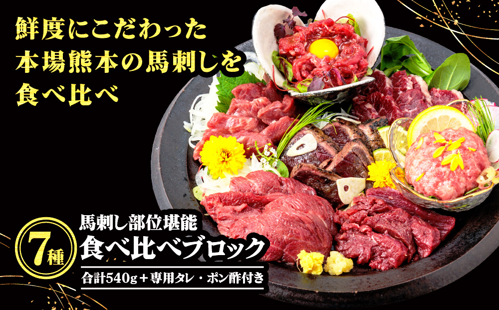 【千興ファーム】 国産 部位堪能 7種馬刺し 食べ比べ ブロック 計540g 霜降りロース 赤身 ヒレ タタキ 桜うまトロ ユッケ 専用タレ ポン酢付き 小分け 真空パック 直送 人気 新鮮 豪華 贅沢　父の日 熊本 阿蘇