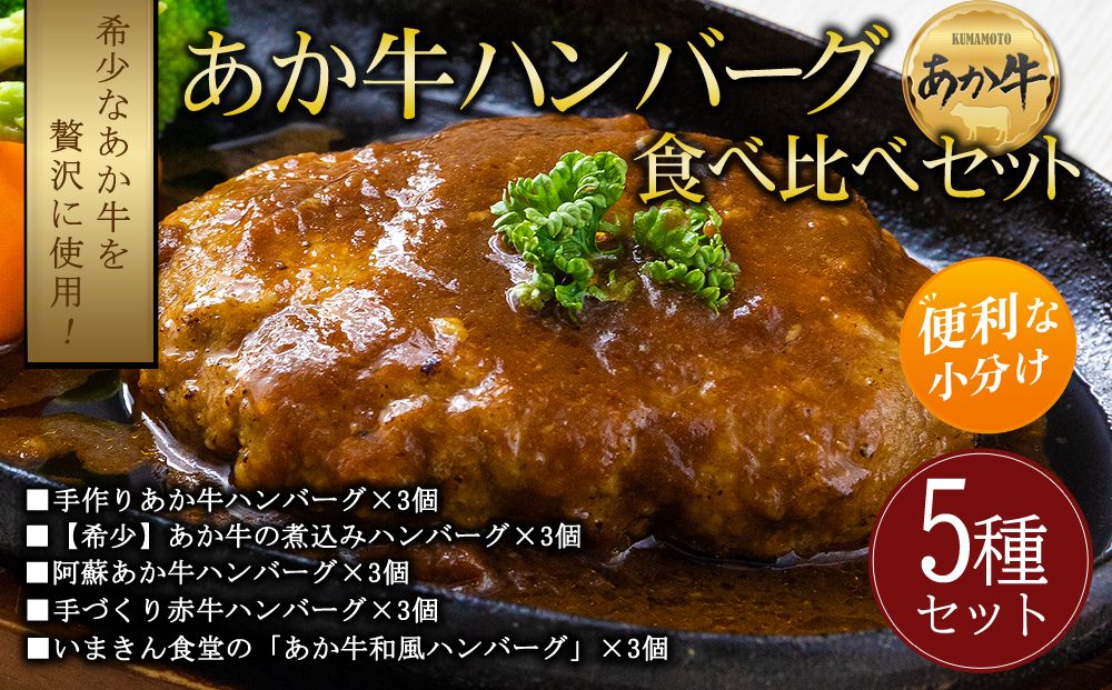 [ハンバーグ]あか牛 ハンバーグ 食べ比べ 5種15個 [ブランド和牛 牛肉 肉 小分け 冷凍 湯煎 時短 調理 簡単 出張 飛行機 贅沢 九州 熊本 阿蘇 熊本県 阿蘇市]