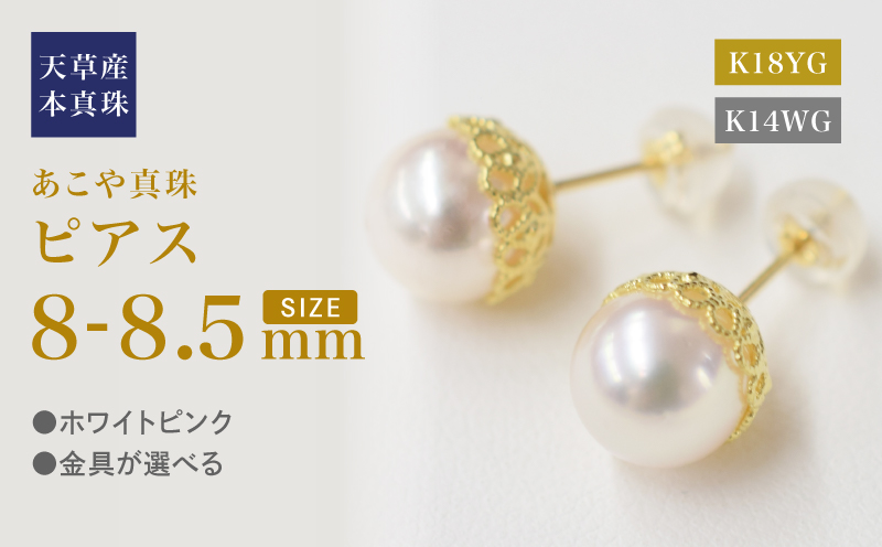 S101-426_あこや真珠 天草 熊本 ピアス 菊皿 8mm - 8.5mm 花型 ホワイトピンク K18 K14 本真珠