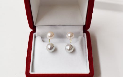 S085-210_天草産 8mm - 8.5mm × 7.5mm - 8mm あこや真珠 ナチュラル ホワイトピンク 花珠級 真多麻級 ピアス L字 ダブルパールピアス K18 K14（K18YG）