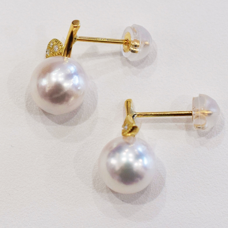 S085-486_あこや真珠 天草 ピアス りんご ダイヤモンド 0.02ct K18  7.5mm - 8mm ホワイトピンク 真珠 