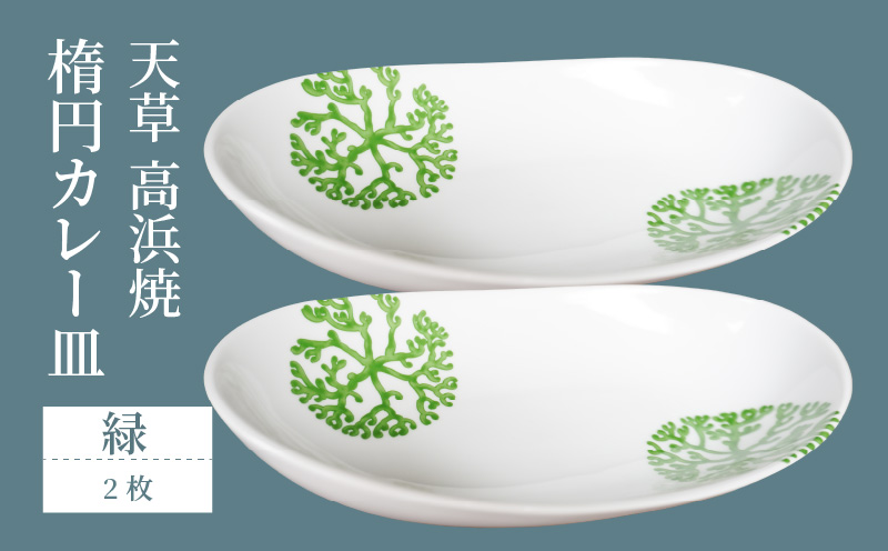 S026-066_天草 高浜焼 楕円カレー皿 2枚（緑）