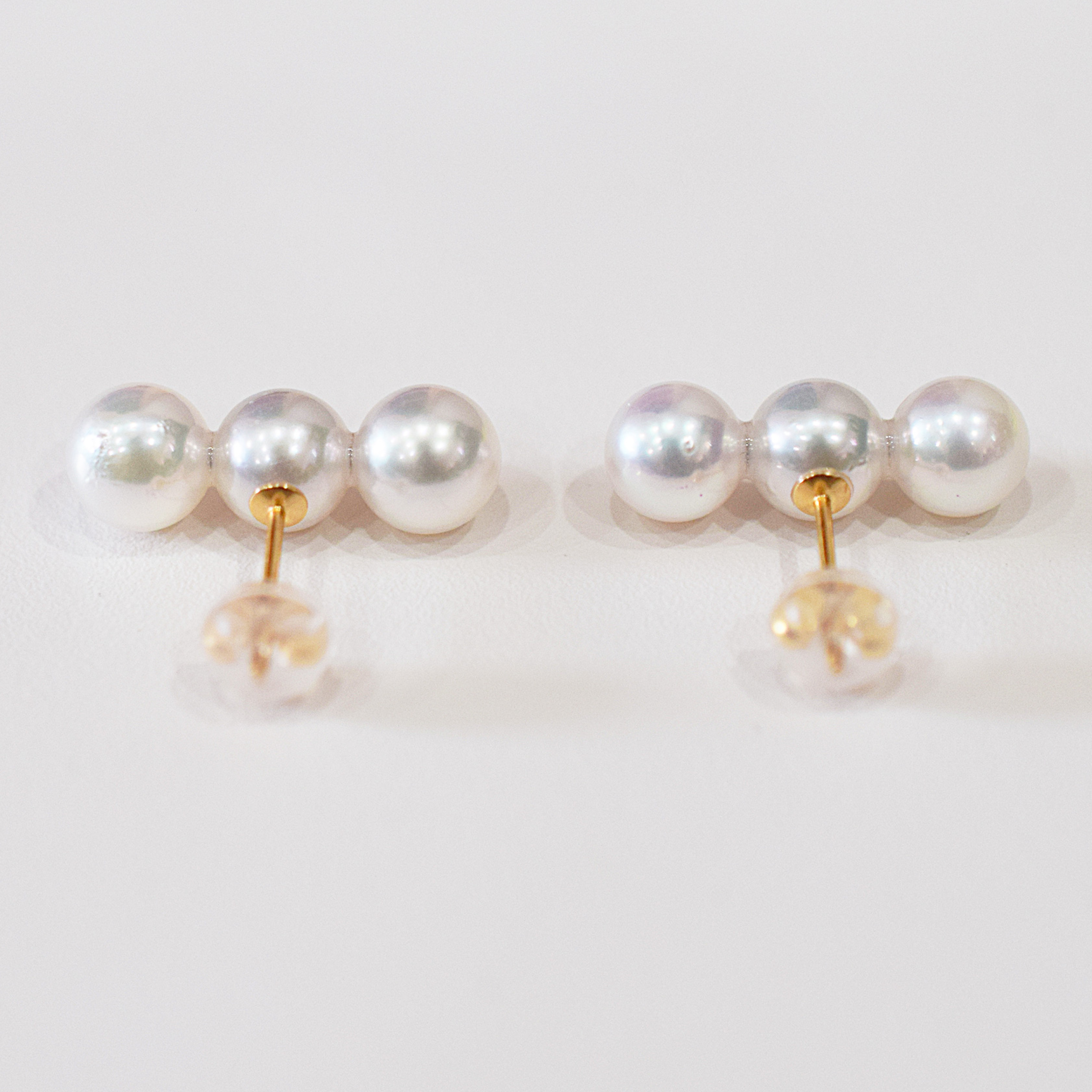 S085-581_あこや真珠 天草 ピアス 3連 6mm - 6.5mm ホワイトピンク 真珠 