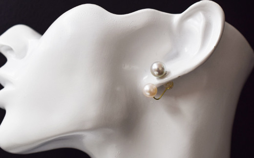 S085-210_天草産 8mm - 8.5mm × 7.5mm - 8mm あこや真珠 ナチュラル ホワイトピンク 花珠級 真多麻級 ピアス L字 ダブルパールピアス K18 K14（K18YG）