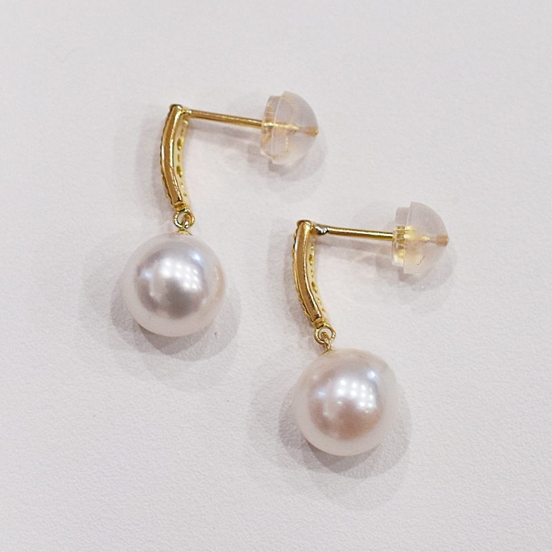 S085-492_あこや真珠 天草 ピアス ダイヤモンド 揺れる 0.03ct K18 K14 7.5mm - 8mm ホワイトピンク 真珠   