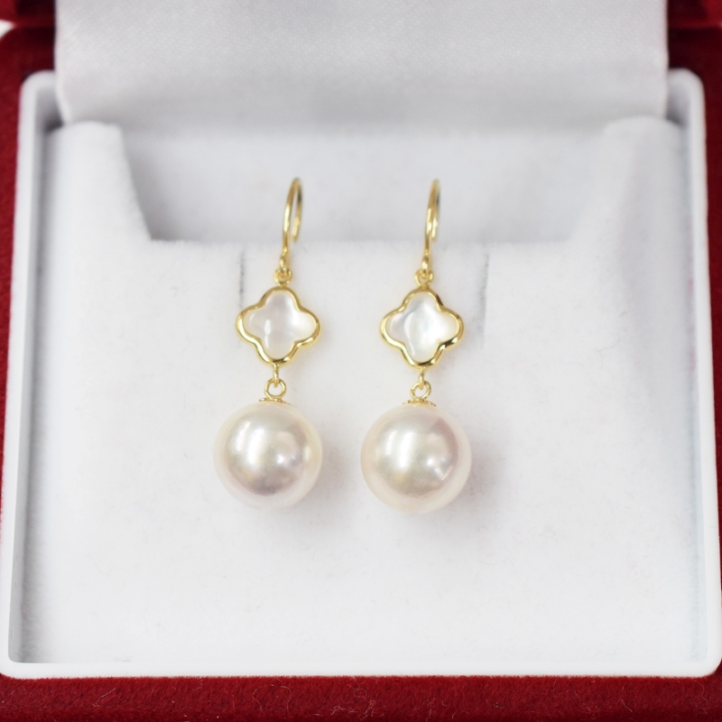 S101-420_あこや真珠 天草 ピアス シェル 8mm - 8.5mm クローバー ホワイトピンク K18 K14 YG WG   