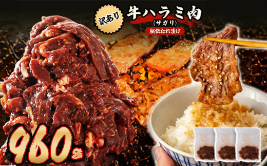 秘伝たれ漬け 訳あり 柔らか牛ハラミ(サガリ)肉 味付け合計960g お手軽小分け3パック【配送不可地域：離島】【1718568】