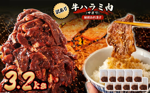秘伝たれ漬け 訳あり 柔らか牛ハラミ(サガリ)肉 味付け合計3.2kg 小分け10パック【配送不可地域：離島】【1718569】