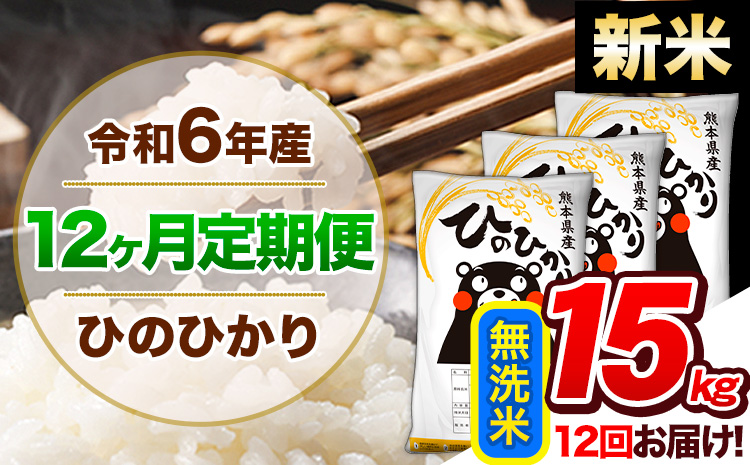 【12ヶ月定期便】令和6年産 新米 定期便 無洗米 ひのひかり 15kg 《申込み翌月から発送》令和6年産 熊本県産 ふるさと納税 精米 ひの 米 こめ ふるさとのうぜい ヒノヒカリ コメ 熊本米 ひのもり