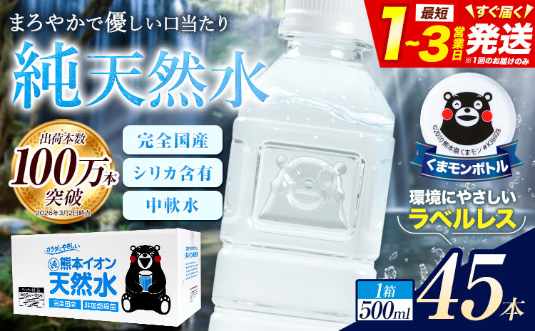 熊本イオン純天然水 ラベルレス 500ml×45本 お試し 《1-3日以内に出荷予定(土日祝除く)》 水 飲料水 ナチュラルミネラルウォーター 熊本県 玉名郡 玉東町 完全国産 天然水