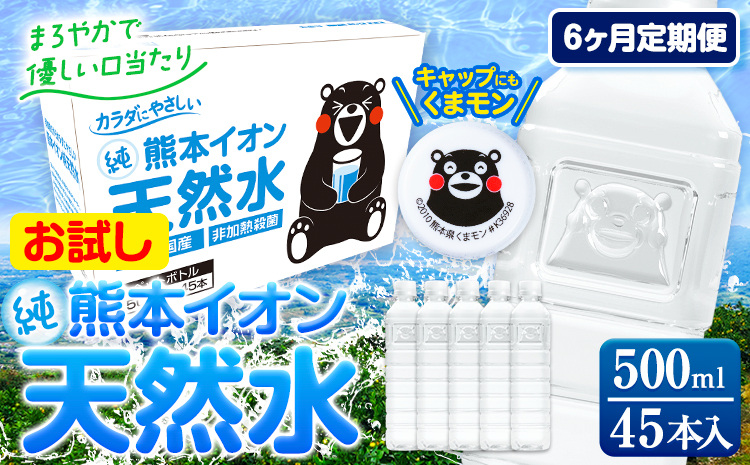 【6ヶ月定期便】水 500ml 家計応援 くまモン の ミネラルウォーター 天然水 熊本イオン純天然水 ラベルレス 45本 500ml 《申込み翌月から発送》 飲料水 定期 備蓄 備蓄用 箱 ペットボトル 防災用 調乳 ラベル ミネラルウオーター