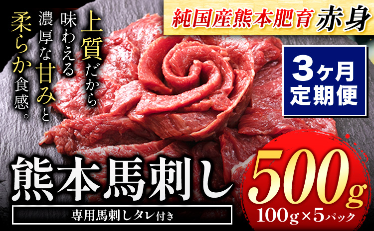 【3ヶ月定期便】馬刺し 赤身 馬刺し 500g 【純 国産 熊本 肥育】 たっぷり タレ付き 生食用 冷凍《お申込み月の翌月から出荷開始》送料無料 国産 絶品 馬肉 肉 ギフト 定期便 熊本県 玉名郡 玉東町