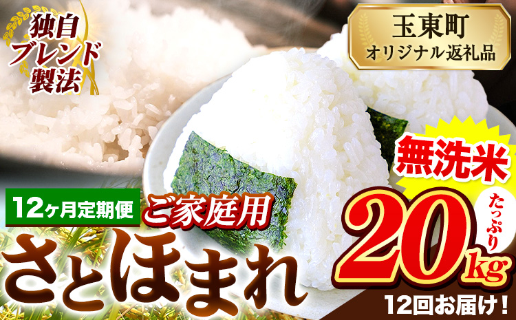 【12ヶ月定期便】熊本県産 さとほまれ 無洗米 ご家庭用 定期便 20kg 《申込み翌月から発送》熊本県 玉名郡 玉東町 米 こめ コメ ブレンド米 送料無料