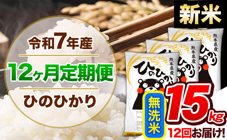 【12ヶ月定期便】新米 令和7年産 定期便 無洗米 ひのひかり 15kg 《お申込み翌月から出荷開始》熊本県産 ふるさと納税 精米 ひの 米 こめ ふるさとのうぜい ヒノヒカリ コメ 熊本米 ひのもり