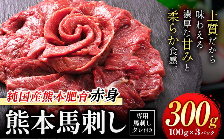 馬刺し 赤身 馬刺し 300g 【純 国産 熊本 肥育】 たっぷり 300g 約100g×3 ブロック (タレ 5ml×3袋) 生食用 冷凍《3-7日以内に出荷予定(土日祝除く)》送料無料 国産 絶品 馬肉 肉 ギフト