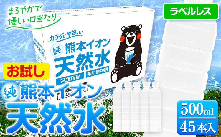 熊本イオン純天然水 ラベルレス 500ml×45本 お試し 《30日以内に出荷予定(土日祝除く)》 水 飲料水 ナチュラルミネラルウォーター 熊本県 玉名郡 玉東町 完全国産 天然水