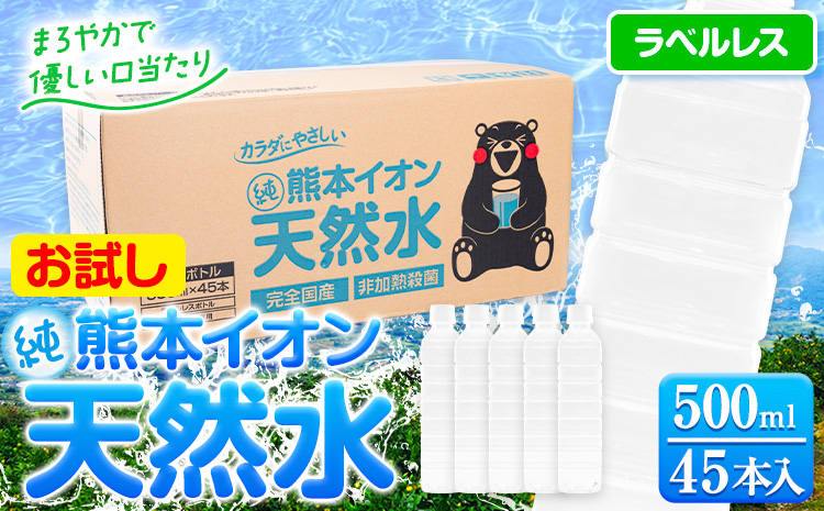 熊本イオン純天然水 ラベルレス 500ml×45本 お試し 《30日以内に出荷予定(土日祝除く)》 水 飲料水 ナチュラルミネラルウォーター 熊本県 玉名郡 玉東町 完全国産 天然水