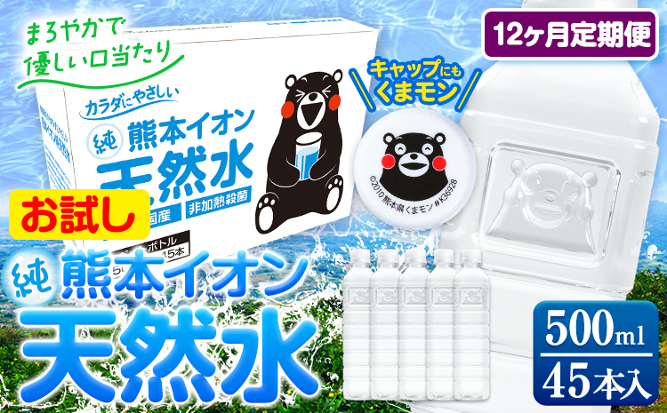 【12ヶ月定期便】水 500ml 家計応援 くまモン の ミネラルウォーター 天然水 熊本イオン純天然水 ラベルレス 45本 500ml 《申込み翌月から発送》 飲料水 定期 備蓄 備蓄用 箱 ペットボトル 防災用 調乳 ラベル ミネラルウオーター