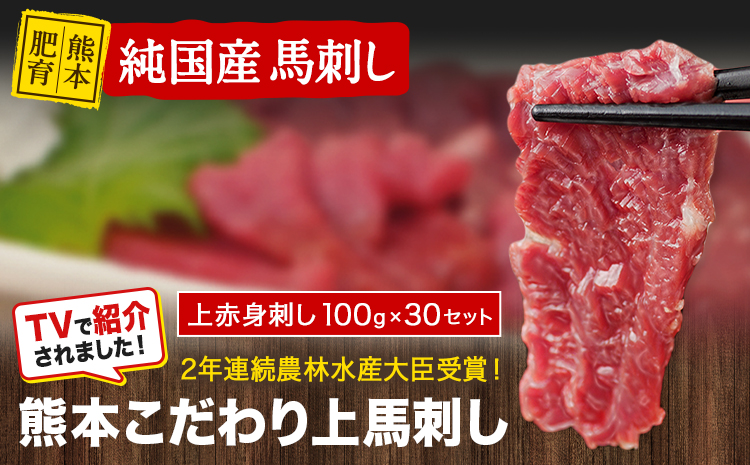 上赤身馬刺し100g×30セット(10ml×30袋)《7-14日以内に出荷予定(土日祝除く)》 熊本県 玉名郡 玉東町 馬刺し 国産 赤身 送料無料 肉 タレ付き 3000g 牛肉よりヘルシー