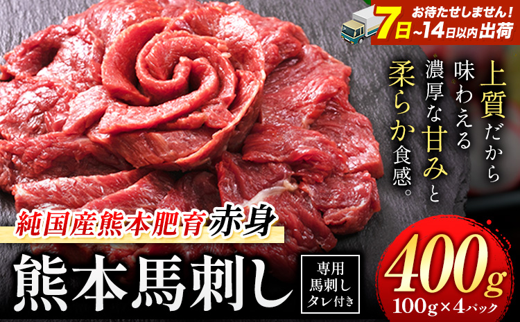 馬刺し 赤身 馬刺し 400g 【純 国産 熊本 肥育】 たっぷり 400g 約100g×4 ブロック ( タレ 5ml×4袋) 生食用 冷凍《7-14日以内に出荷予定(土日祝除く)》送料無料 国産 絶品 馬肉 肉 ギフト