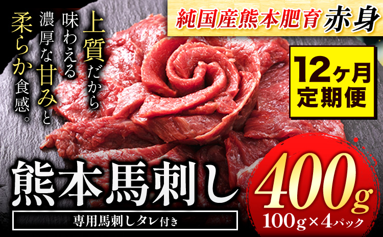 【12ヶ月定期便】馬刺し 赤身 馬刺し 400g 【純 国産 熊本 肥育】 たっぷり タレ付き 生食用 冷凍《お申込み月の翌月から出荷開始》送料無料 国産 絶品 馬肉 肉 ギフト 定期便 熊本県 玉名郡 玉東町