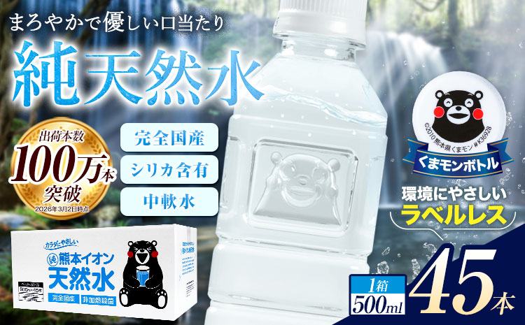 熊本イオン純天然水 ラベルレス 500ml×45本 お試し 《7-14日以内に出荷予定(土日祝除く)》 水 飲料水 ナチュラルミネラルウォーター 熊本県 玉名郡 玉東町 完全国産 天然水