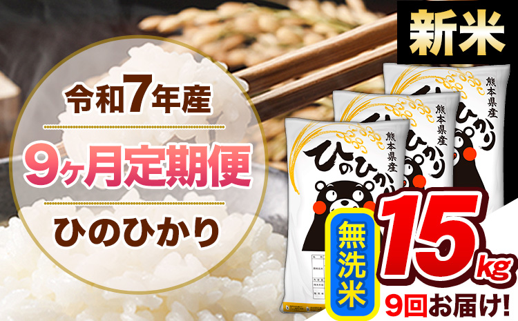 【9ヶ月定期便】新米 令和7年産 無洗米 定期便 ひのひかり 15kg 《お申込み翌月から出荷》 熊本県産 ふるさと納税 精米 ひの 米 こめ ふるさとのうぜい ヒノヒカリ コメ 熊本米 ひのもり