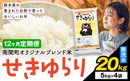 【12ヶ月定期便】米 南関町 せきゆらり 無洗米 20kg《お申込み翌月から出荷》熊本県産 国産 無洗米 こめ コメ 20キロ