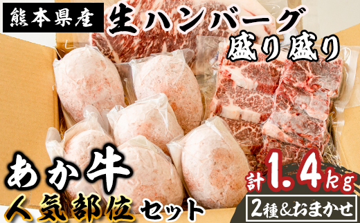 《あか牛》ハンバーグ盛り盛り 人気部位おまかせ1点 お楽しみセット 計1.4kg  熊本県産 南関町産 赤牛 褐牛 あかうし 褐毛和種 肥後名物 国産 牛肉