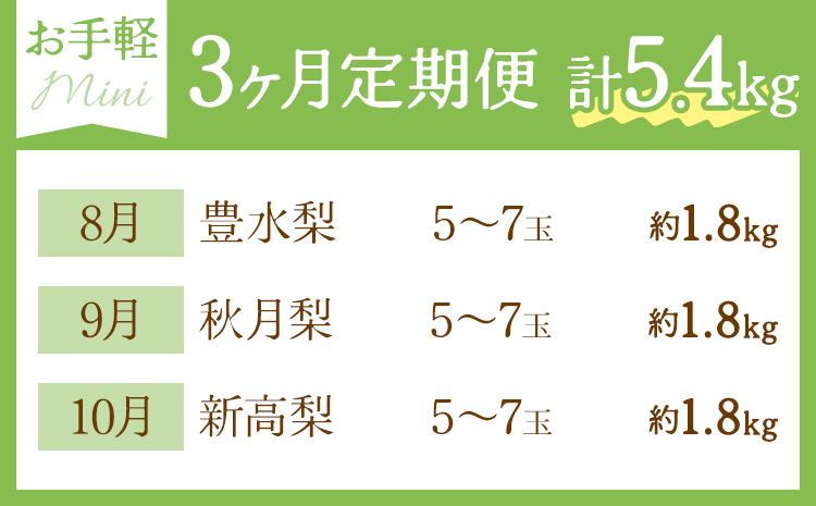 【3ヶ月定期便】梨 定期便 秀品 3ヶ月連続 梨の定期便 ミニ 計5.4kg 日本フルーツ株式会社《8月上旬-10月末頃出荷》熊本県 長洲町 なし ナシ 豊水梨 秋月梨 新高梨 果物 フルーツ