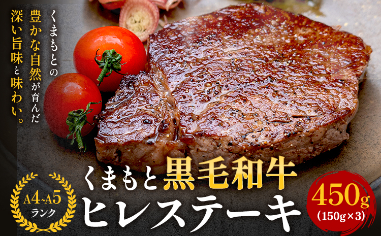 【A4～A5】くまもと黒毛和牛 ヒレステーキ 450g (150g×3枚) 《30日以内に出荷予定(土日祝除く)》 牛肉 くまもと黒毛和牛 黒毛和牛 冷凍庫