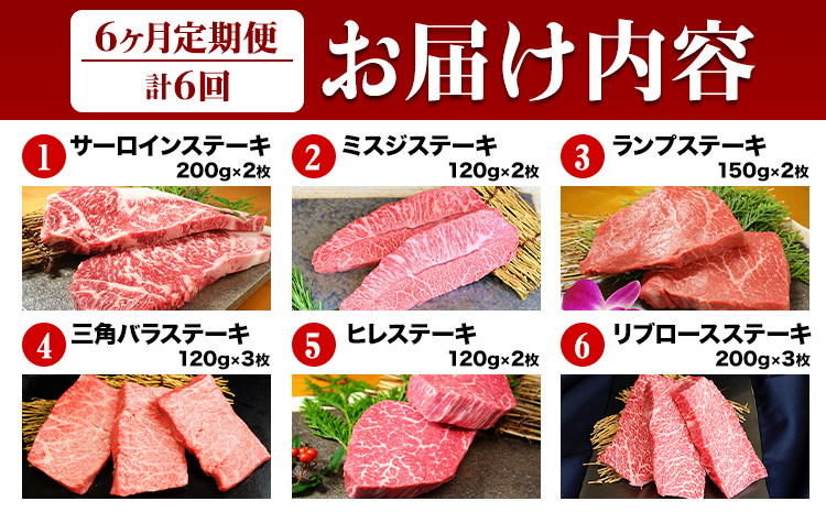 【6ヶ月定期便】熊本あか牛 あか牛 ステーキ 食べ比べ 定期便6回（6ヶ月） 《お申込み月の翌月から出荷開始》有限会社 三協畜産 サーロイン ミスジ ランプ イチボ 三角バラ ヒレ リブロース あか牛のたれ付き