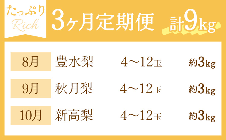 【3ヶ月定期便】梨 定期便 秀品 3ヶ月連続 梨の定期便 リッチ 計9kg 日本フルーツ株式会社《8月上旬-10月末頃出荷》熊本県 長洲町 なし ナシ 豊水梨 秋月梨 新高梨 果物 フルーツ