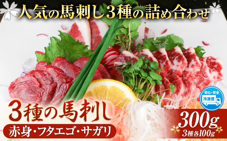 3種の馬刺し 赤身 フタエゴ サガリ 300g 各100g 醤油付き 5ml×2袋 長洲501《30日以内に出荷予定(土日祝除く)》 熊本県 長洲町 馬肉 馬刺し 熊本県産 国産