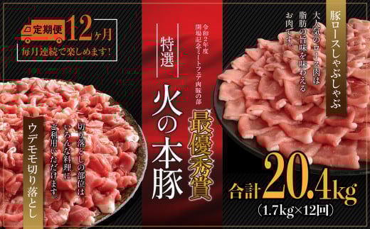【定期12回発送】火の本豚食べ比べセット 切り落とし1100g しゃぶしゃぶ用ロース600g | 熊本県 熊本 くまもと 和水町 なごみ 豚肉 火の本豚 地域ブランド 切り落とし 550g 1100g ロース 豚ロース 300g 600g 食べ比べ 定期便 定期 12回